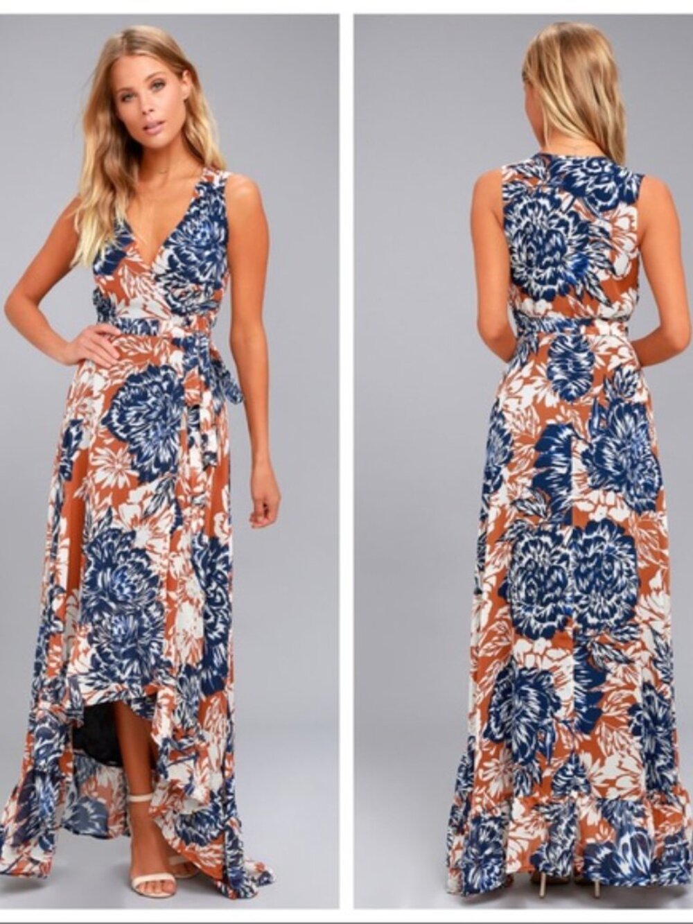 Lulus XS Desert Trip Blue and Rust Orange Floral High-Low Wrap Dress - NWT